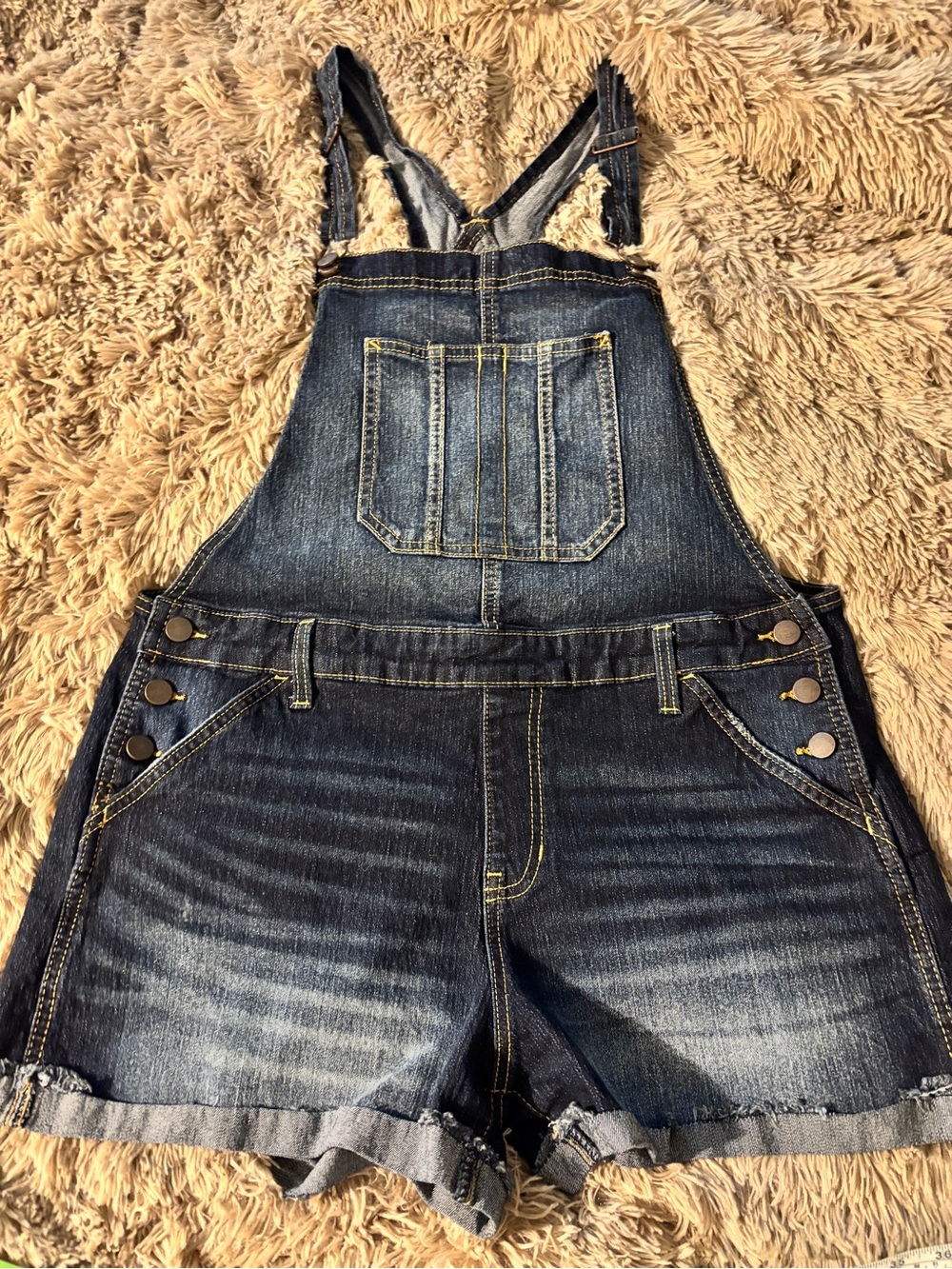 Womens/Juniors Size XL 15-17 Dark Wash Denim Cuffed Short Overalls